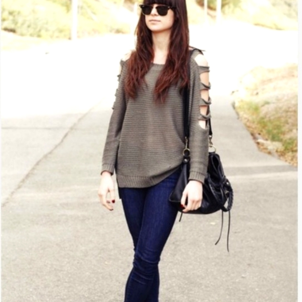 Pippa Lynn Olive Green Latty Knit Crew Neck Cold Shoulder Cotton Sweater